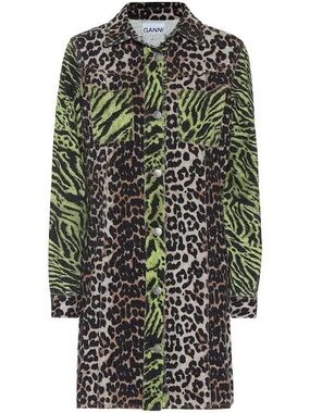 Ganni Green and Brown Leopard & Tiger Print Denim Shirt Dress